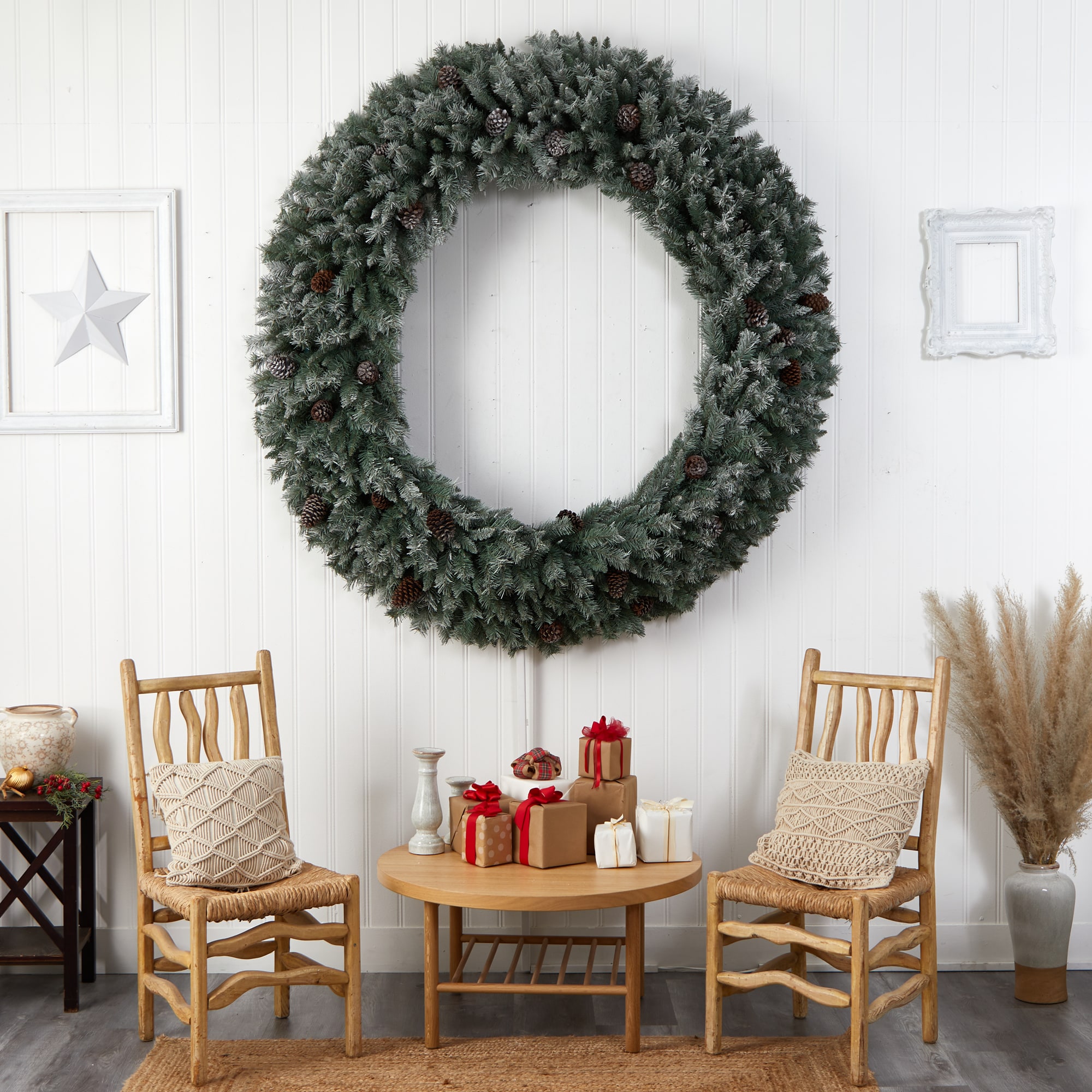 Nearly Natural 72-in Flocked Pre-lit Indoor Green Pine Artificial Christmas Wreath