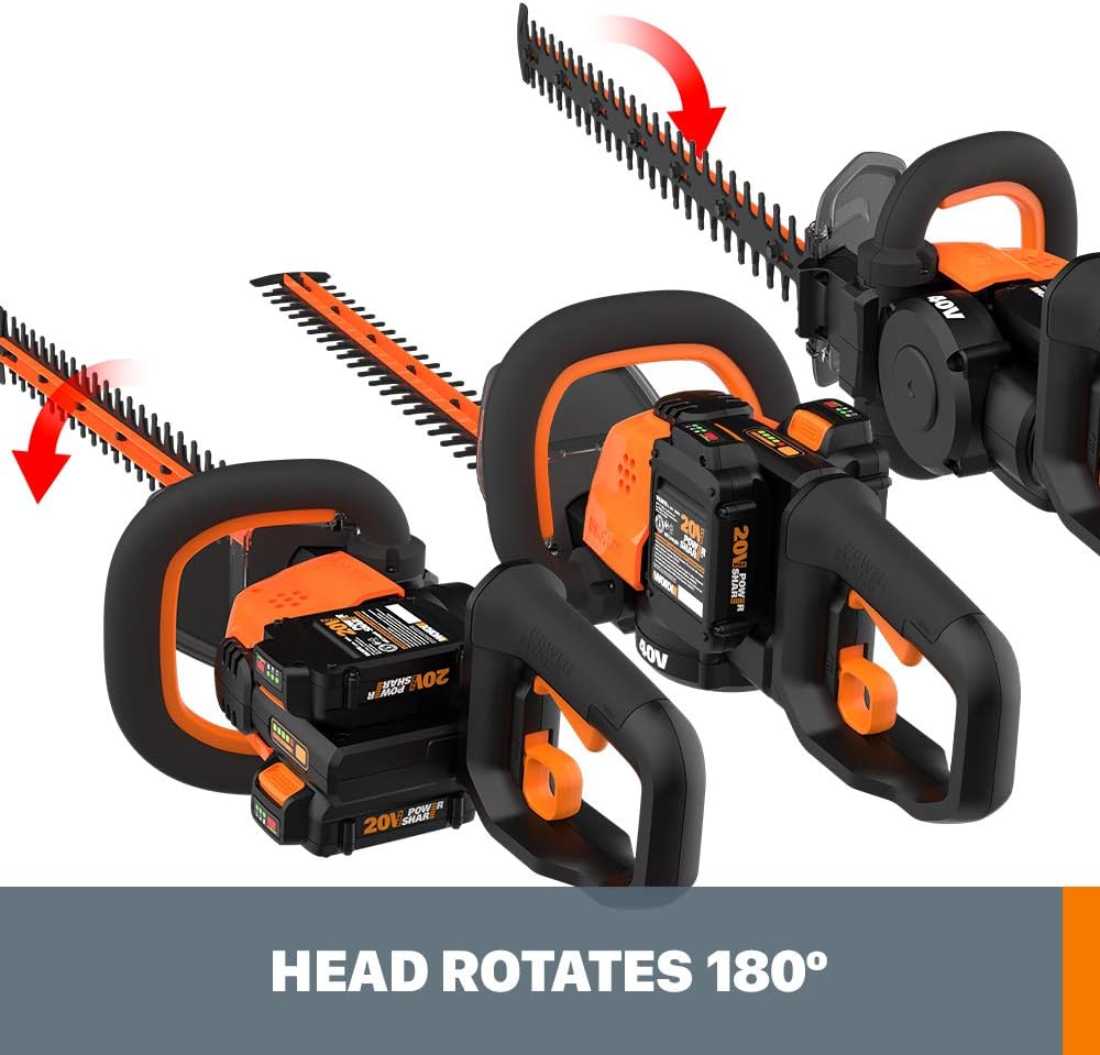 WORX WG284.1 26" 40V Cordless Hedge Trimmer, Electric Hedge Trimmer with Dual-Action Blades, Brushless Bush Trimmer with 180° Rotating Handle, 2 Batteries & Charger Included