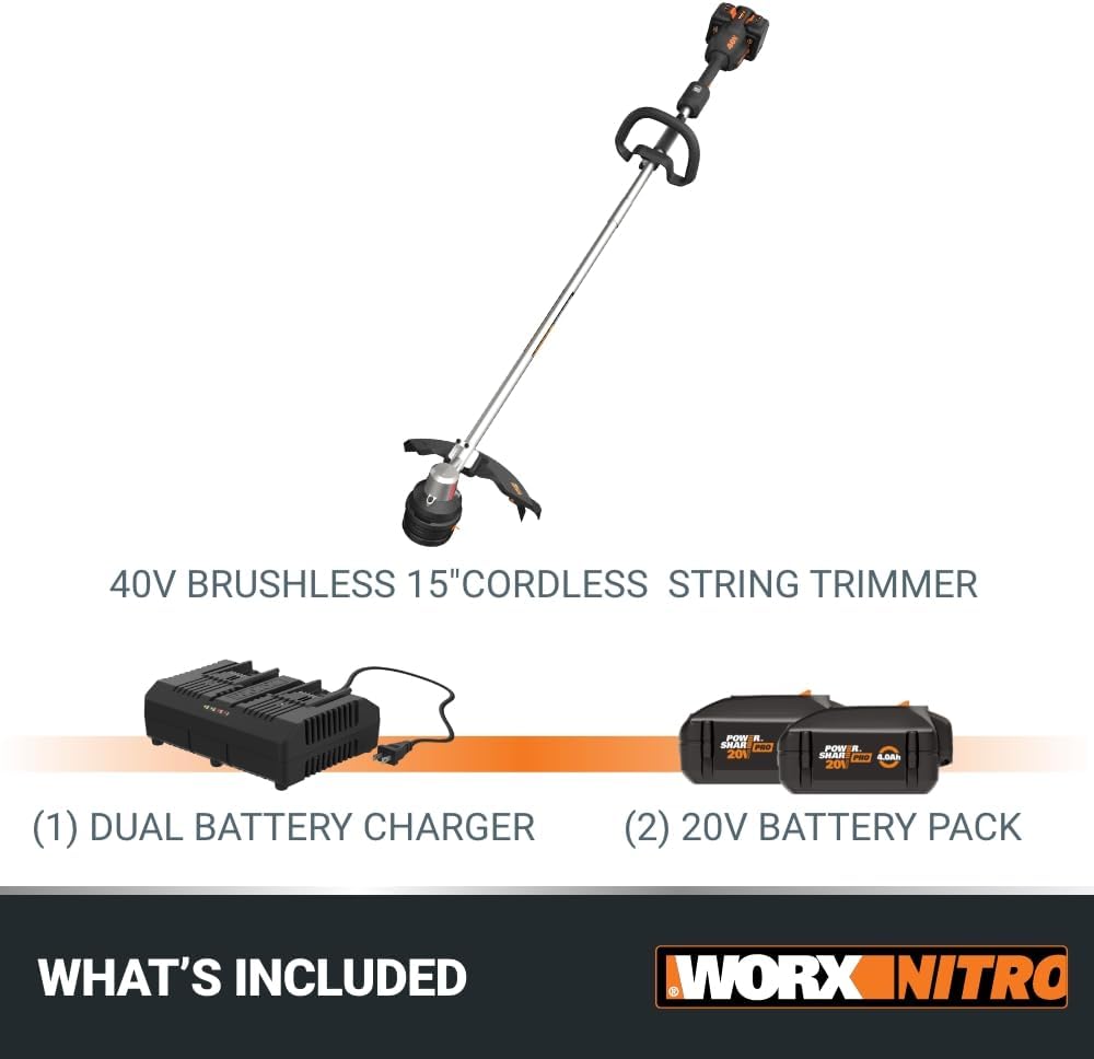 Worx Nitro 40V 15" Cordless String Trimmer with Brushless Motor, Powerful Grass Trimmer