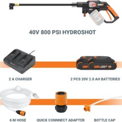 WORX 40V PowerShare Hydroshot, 800 PSI Brushless Portable Power Cleaner, 5-in-1 Nozzle Power Washer, Pressure Washer- WG647