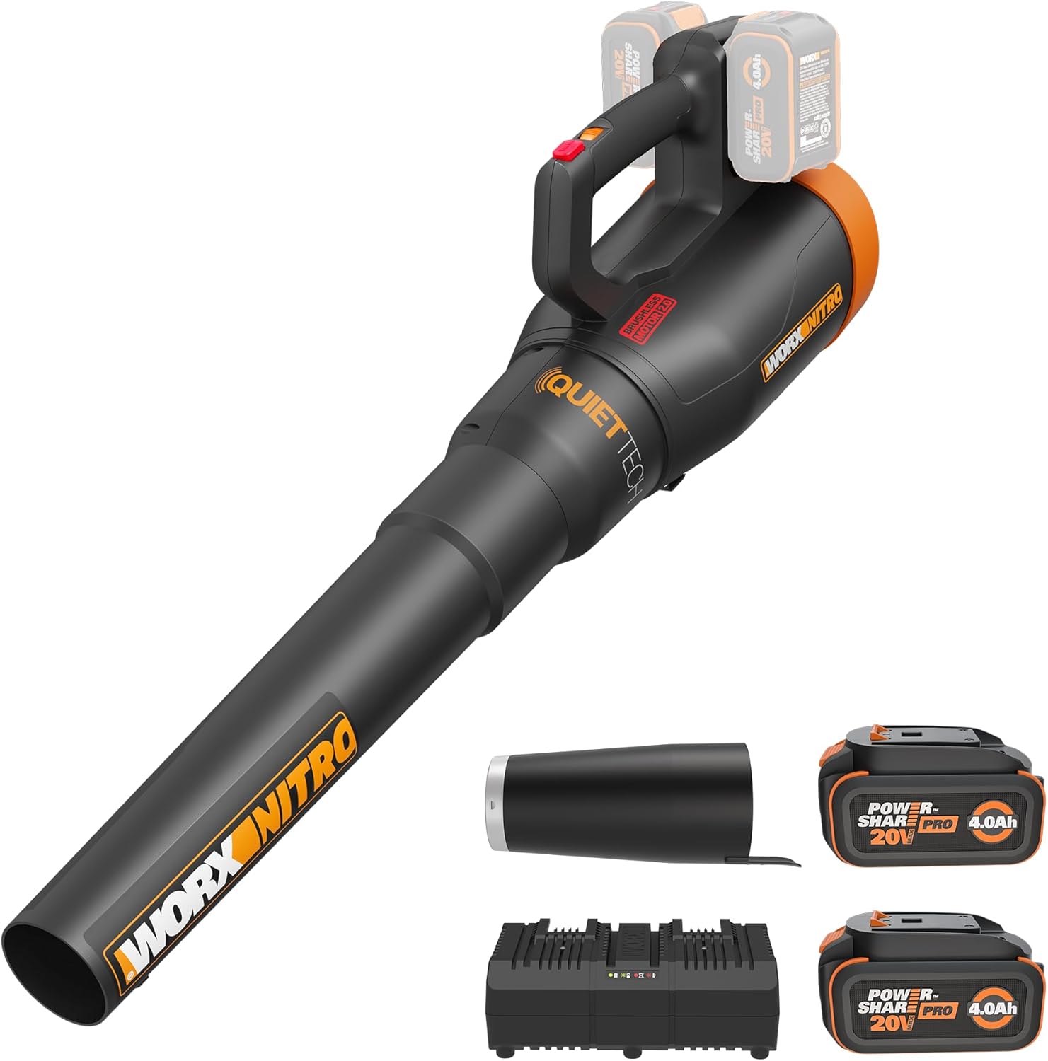 WORX Nitro WG581.1 40V Cordless Leaf Blower, Quiet Electric Blower for Lawn Care with 530CFM & 180MPH, 2 Batteries & Charger Included