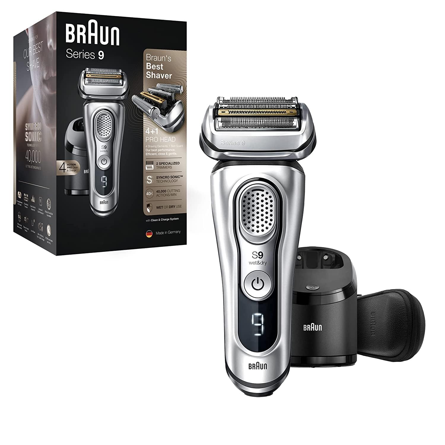 Braun Electric Razor for Men, Waterproof Foil Shaver, Series 9 9390cc, Wet & Dry Shave, with Pop-Up Beard Trimmer, Silver