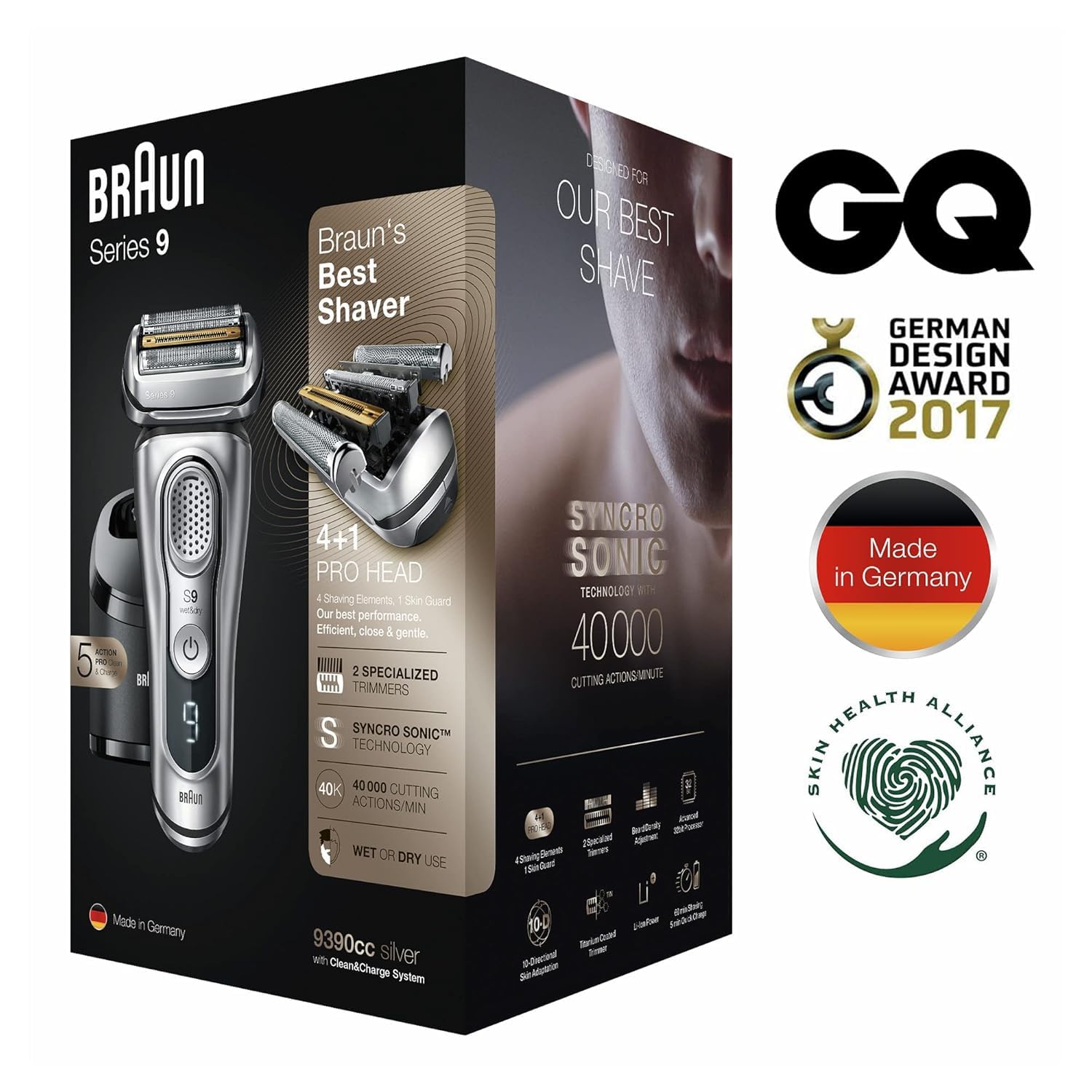 Braun Electric Razor for Men, Waterproof Foil Shaver, Series 9 9390cc, Wet & Dry Shave, with Pop-Up Beard Trimmer, Silver