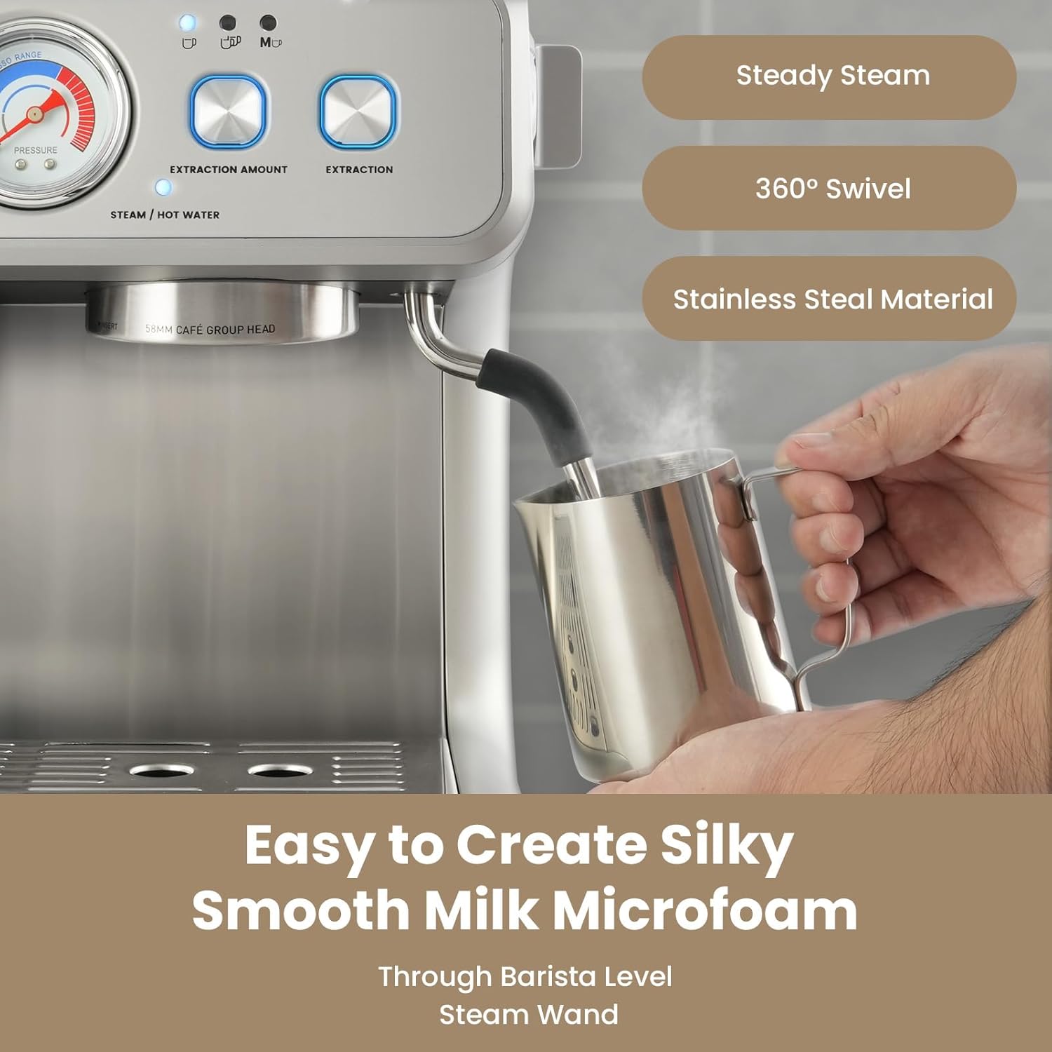 Gevi Dual Boiler Espresso Machine with Built-in Grinder, 58mm Commercial Portafilter, Sterling Silver