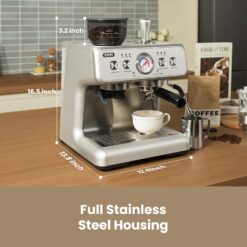 Gevi Dual Boiler Espresso Machine with Built-in Grinder, 58mm Commercial Portafilter, Sterling Silver