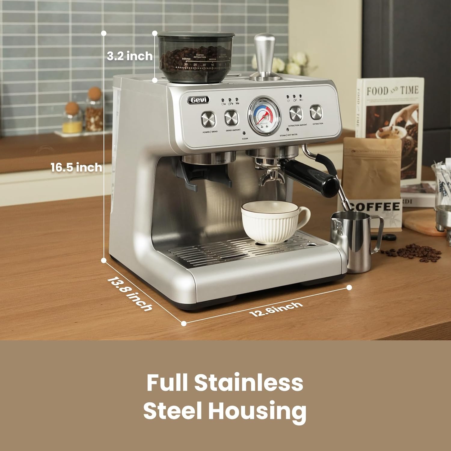 Gevi Dual Boiler Espresso Machine with Built-in Grinder, 58mm Commercial Portafilter, Sterling Silver