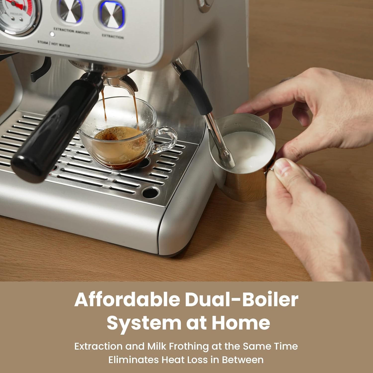 Gevi Dual Boiler Espresso Machine with Built-in Grinder, 58mm Commercial Portafilter, Sterling Silver
