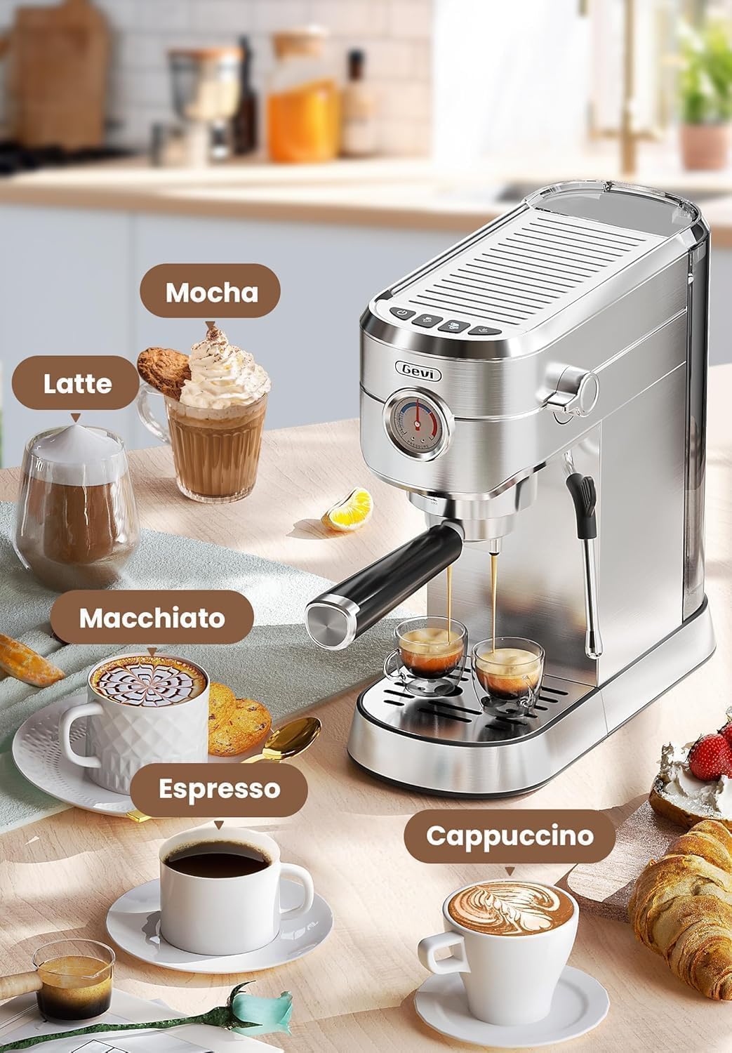 Gevi Commercial Espresso and Coffee Makers, Professional 20 Bar Espresso Maker, Sterling Silver