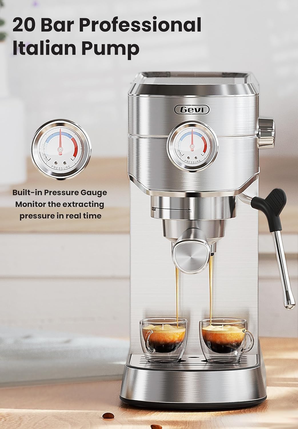 Gevi Commercial Espresso and Coffee Makers, Professional 20 Bar Espresso Maker, Sterling Silver