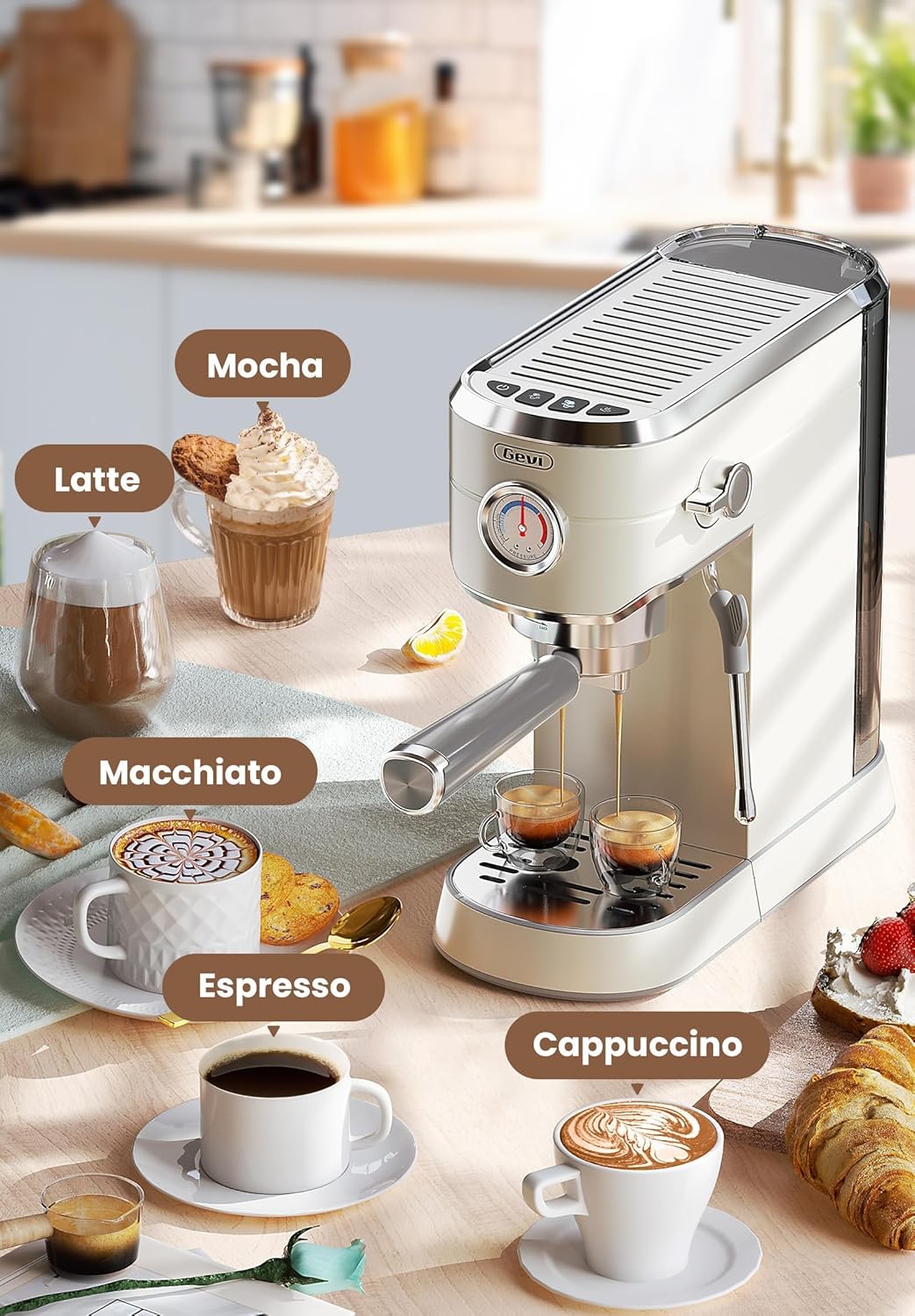 Gevi Commercial Espresso and Coffee Makers, Professional Espresso Maker Latte Machine, Beige