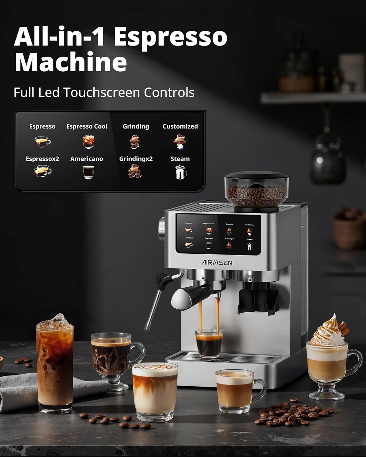 AIRMSEN Espresso Machines with Burr Grinder, 20 Bar, Milk Frother Steam Wand, Stainless Steel Coffee Maker