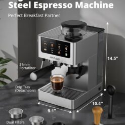 AIRMSEN Espresso Machines with Burr Grinder, 20 Bar, Milk Frother Steam Wand, Stainless Steel Coffee Maker