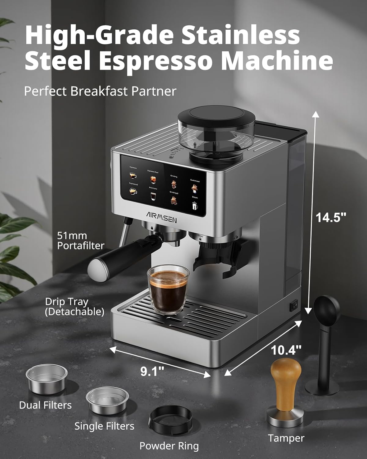 AIRMSEN Espresso Machines with Burr Grinder, 20 Bar, Milk Frother Steam Wand, Stainless Steel Coffee Maker