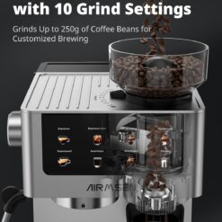 AIRMSEN Espresso Machines with Burr Grinder, 20 Bar, Milk Frother Steam Wand, Stainless Steel Coffee Maker