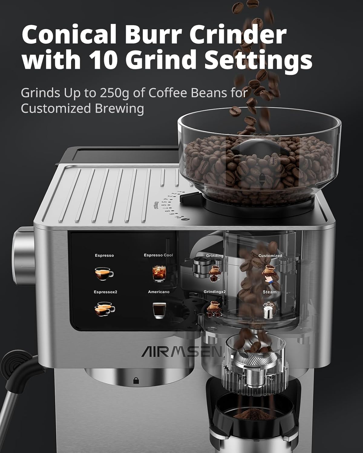 AIRMSEN Espresso Machines with Burr Grinder, 20 Bar, Milk Frother Steam Wand, Stainless Steel Coffee Maker