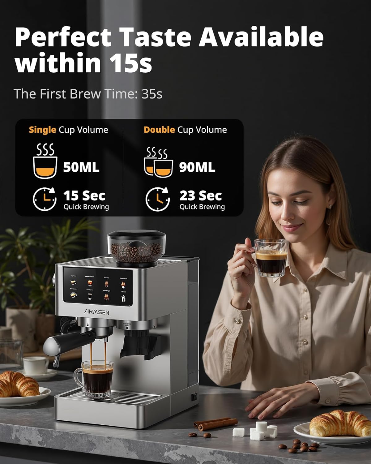 AIRMSEN Espresso Machines with Burr Grinder, 20 Bar, Milk Frother Steam Wand, Stainless Steel Coffee Maker