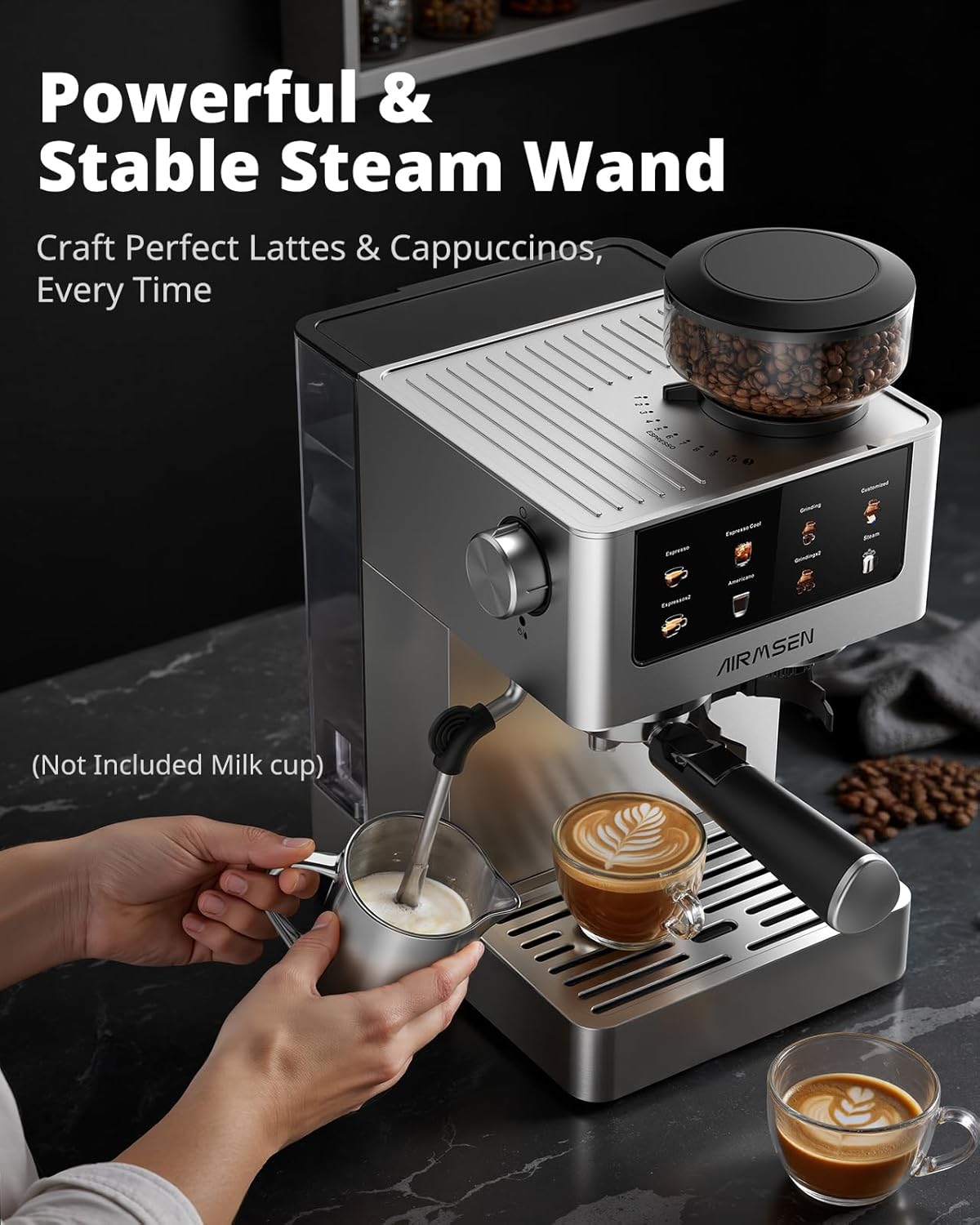 AIRMSEN Espresso Machines with Burr Grinder, 20 Bar, Milk Frother Steam Wand, Stainless Steel Coffee Maker
