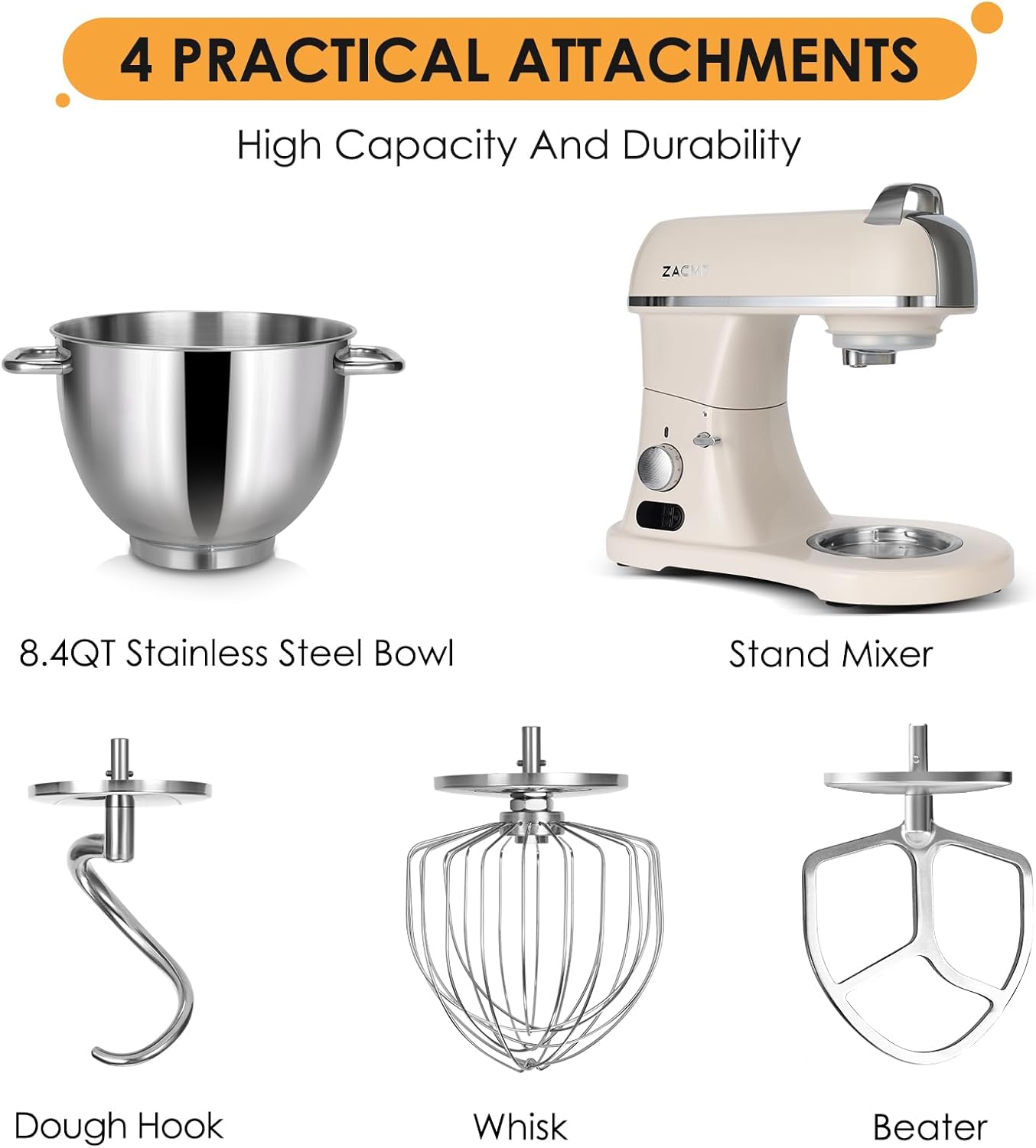 ZACME 8.4QT Commercial Stand Mixer 800W, Dough Hook, Whisk and Beater