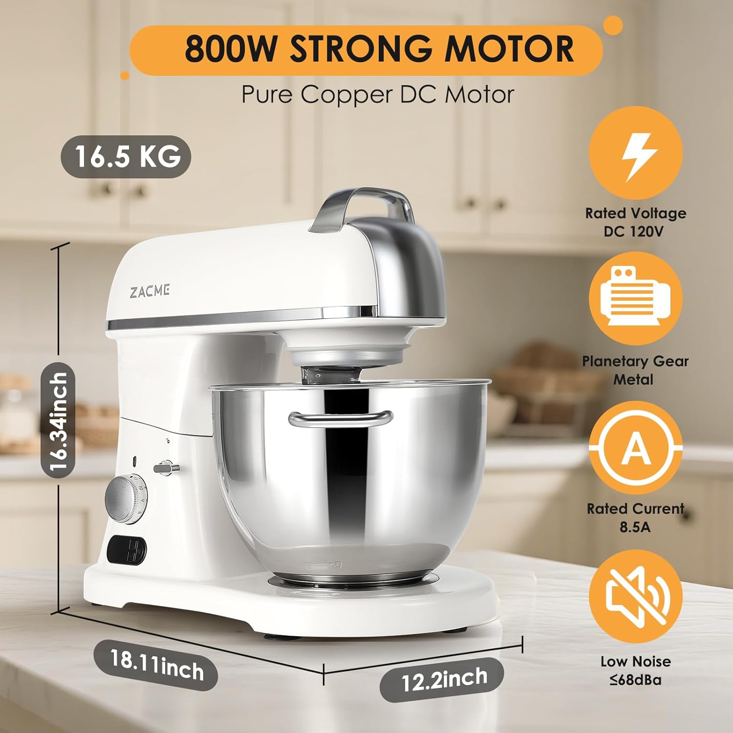 ZACME 8.4QT Commercial Stand Mixer 800W, Dough Hook, Whisk and Beater, Porcelain