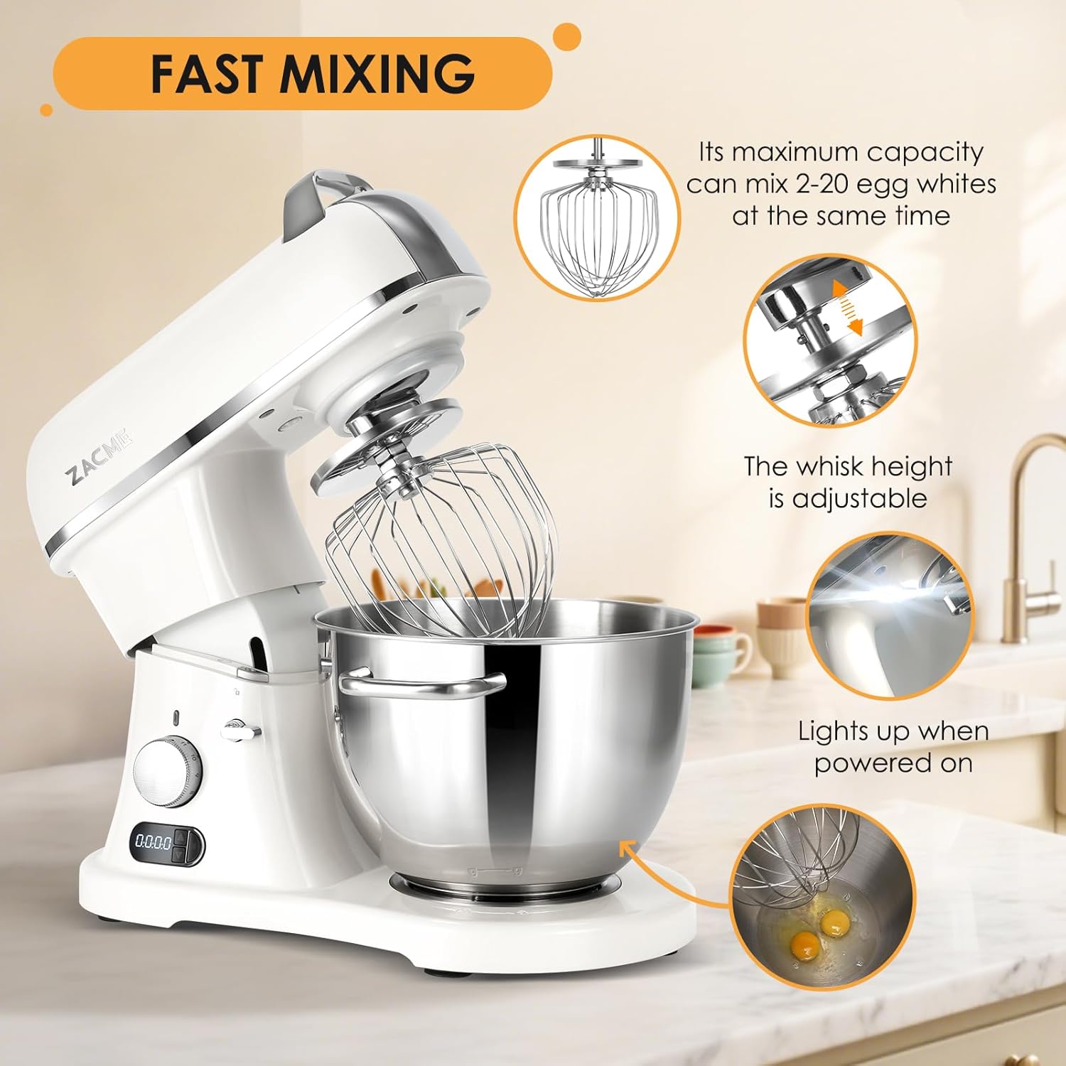 ZACME 8.4QT Commercial Stand Mixer 800W, Dough Hook, Whisk and Beater, Porcelain