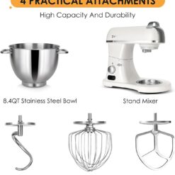 ZACME 8.4QT Commercial Stand Mixer 800W, Dough Hook, Whisk and Beater, Porcelain