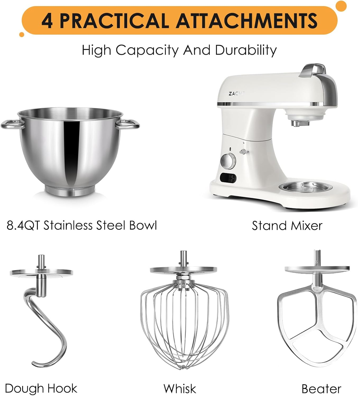 ZACME 8.4QT Commercial Stand Mixer 800W, Dough Hook, Whisk and Beater, Porcelain