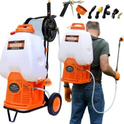 PetraTools Battery Backpack Sprayer with Custom Fitted Cart and 100 Foot Commercial Hose, 2 Hoses Included (HD5000 6.5-Gallon with Reel Cart)