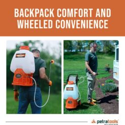 PetraTools Battery Backpack Sprayer with Custom Fitted Cart and 100 Foot Commercial Hose, 2 Hoses Included (HD5000 6.5-Gallon with Reel Cart)