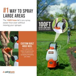 PetraTools Battery Backpack Sprayer with Custom Fitted Cart and 100 Foot Commercial Hose, 2 Hoses Included (HD5000 6.5-Gallon with Reel Cart)