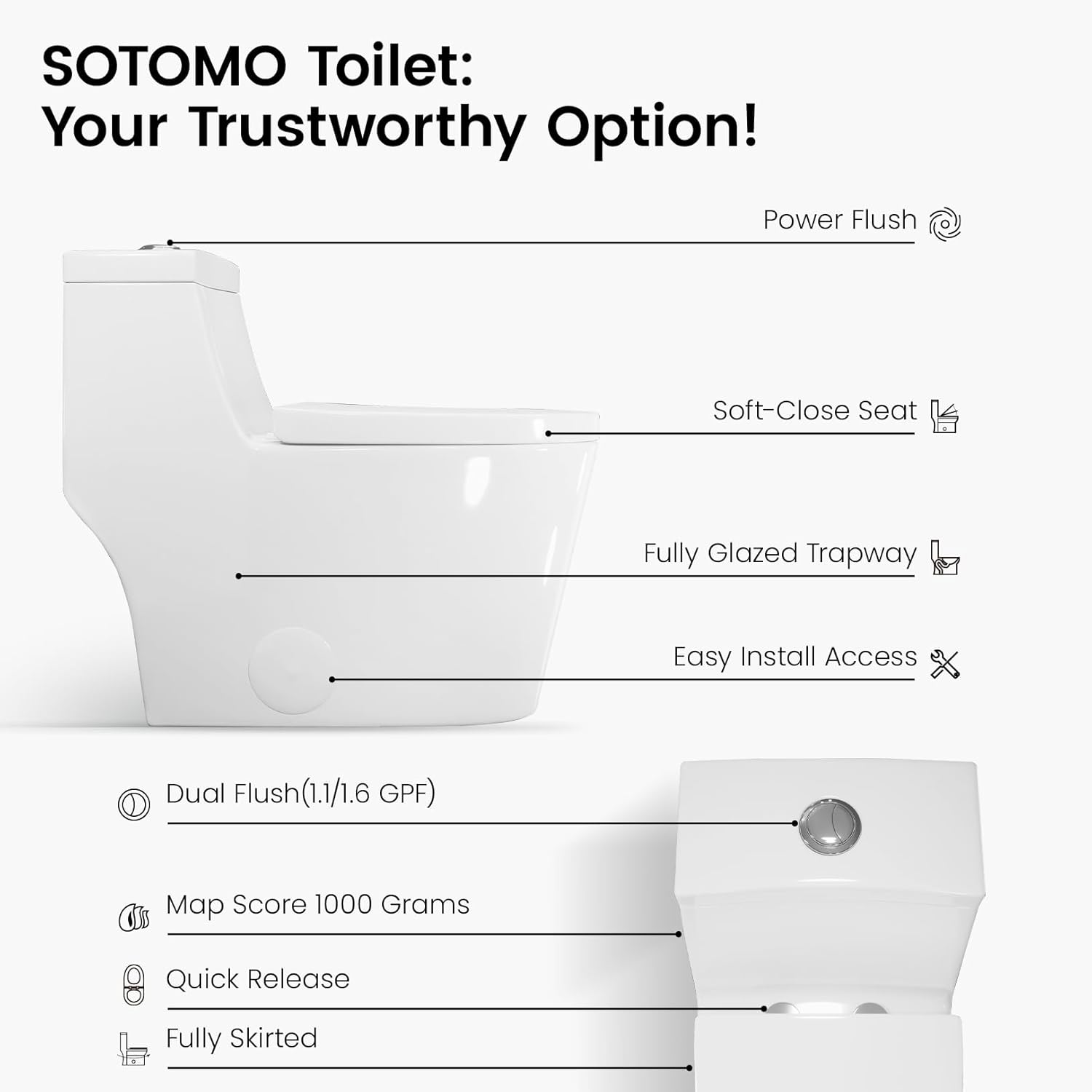 Elongated One Piece Toilet with Soft Closing Seat, 12'' Rough-In Modern Toilet for Bathrooms, 1.28 GPF Dual Flush, MAP 1000g, 28.4 x 15.5 x 26.6 Inches Standard White Toilet bowl