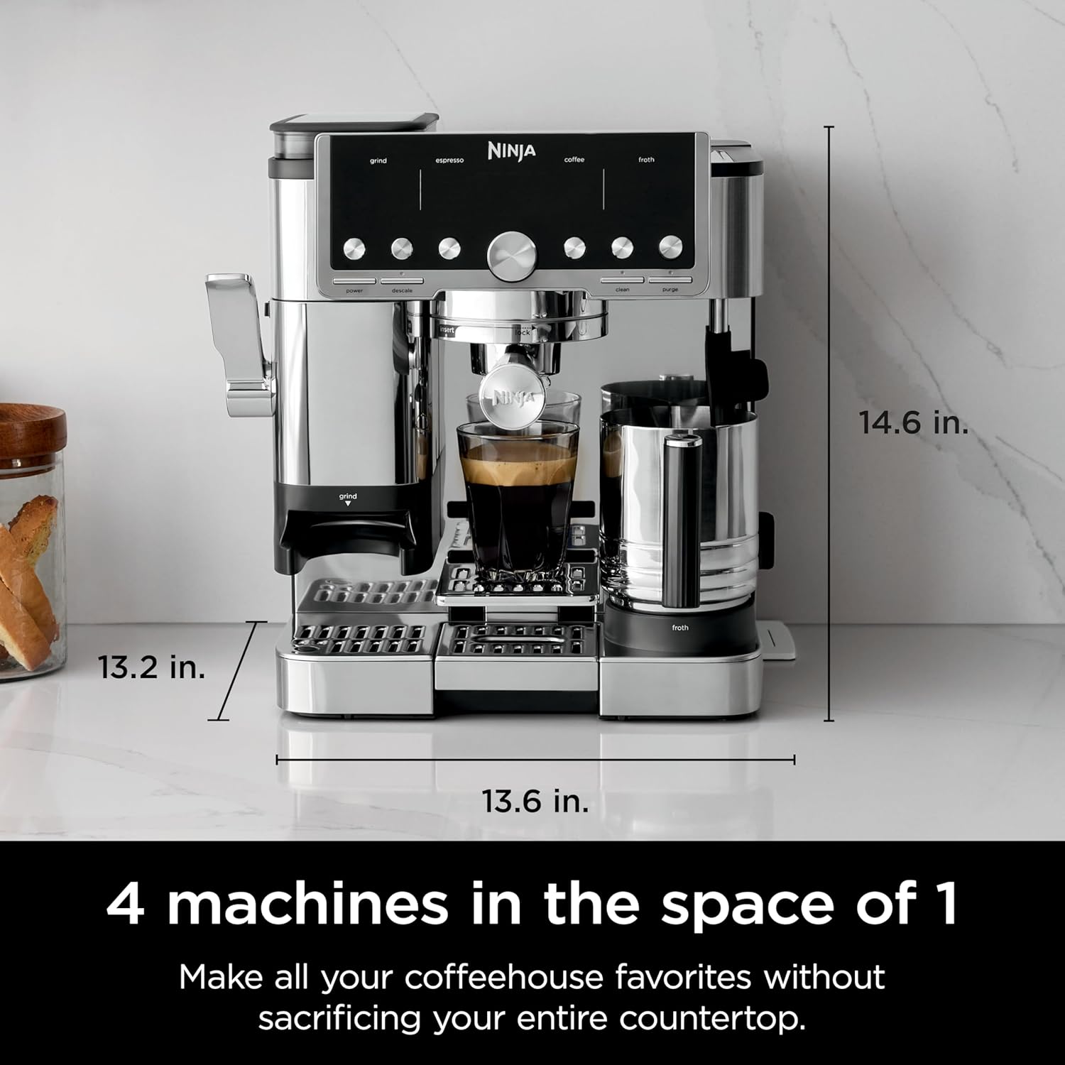 Ninja Luxe Café Pro Series, Espresso Machine, Drip Coffee, Cold Brew, Hot Water, Integrated Tamper, Built-in Grinder, Hands-Free Frother for Cappuccinos, Lattes, Americanos, Dairy or Non-Dairy, ES701