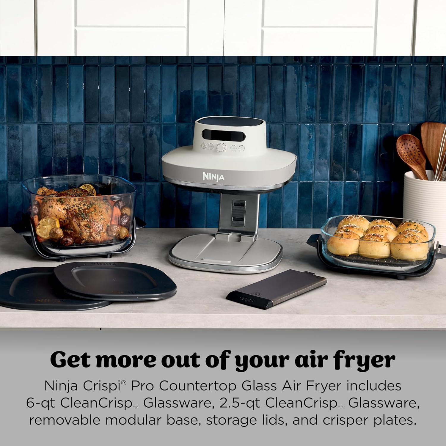 Ninja Crispi Pro 6-in-1 Glass Air Fryer | 6qt & 2.5qt Glass Containers with Storage Lids | Non-Toxic | Meal Prep, Microwave, Freezer & Dishwasher Safe | Air Fry, Bake & More | Bone | AS101LG