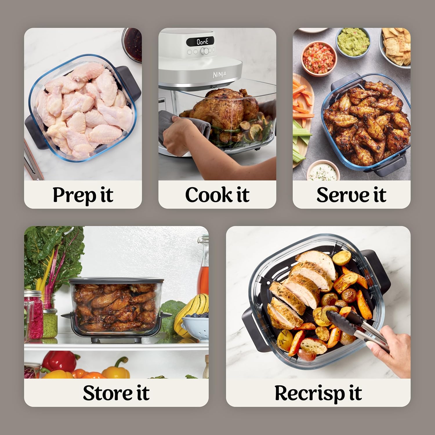 Ninja Crispi Pro 6-in-1 Glass Air Fryer | 6qt & 2.5qt Glass Containers with Storage Lids | Non-Toxic | Meal Prep, Microwave, Freezer & Dishwasher Safe | Air Fry, Bake & More | Bone | AS101LG