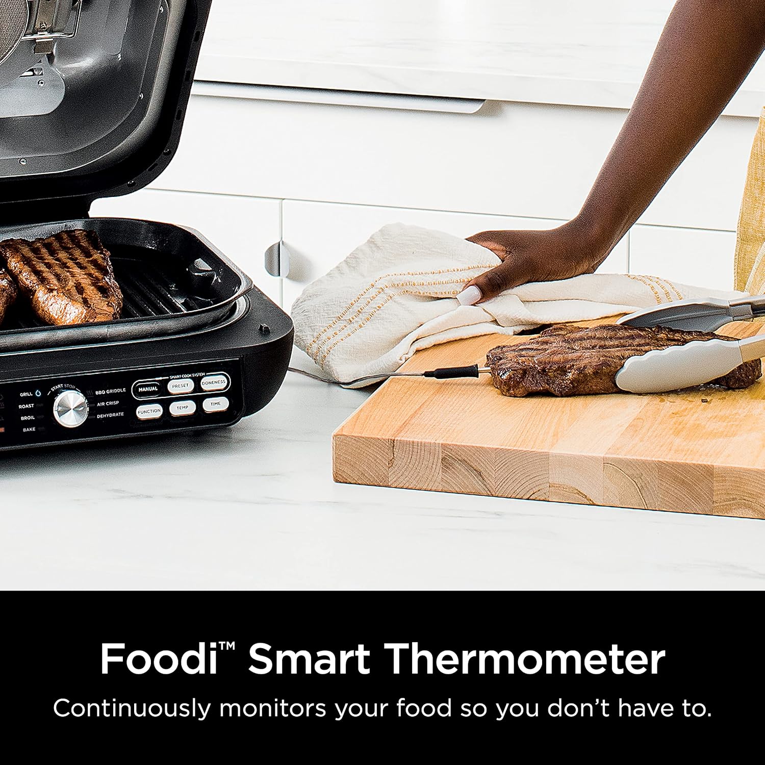 Ninja IG651 Foodi Smart XL Pro 7-in-1 Indoor Grill/Griddle Combo, use Opened or Closed, Air Fry, Dehydrate & More, Pro Power Grate, Flat Top, Crisper, Smart Thermometer, Black