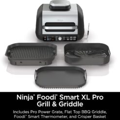Ninja IG651 Foodi Smart XL Pro 7-in-1 Indoor Grill/Griddle Combo, use Opened or Closed, Air Fry, Dehydrate & More, Pro Power Grate, Flat Top, Crisper, Smart Thermometer, Black