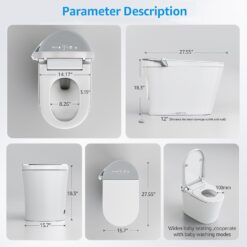 Smart Toilet with Bidet Built In, Auto Open & Close, Foot Sensor Flush, Heated Seat, Warm Water, Dryer, Tankless Dual Flush Elongated Toilet, Foam Shield, LED Night Light & Remote Control