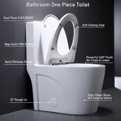 One Piece Toilet, Elongated One-Piece Toilet for Bathrooms, Dual Power Flush Toilet 1.1/1.6 GPF and MAP 900g, Soft Close, Durable Ceramic, Easy-to-Clean Surface (White)