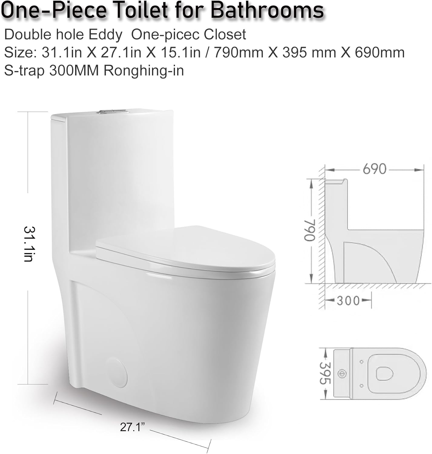 One Piece Toilet, Elongated One-Piece Toilet for Bathrooms, Dual Power Flush Toilet 1.1/1.6 GPF and MAP 900g, Soft Close, Durable Ceramic, Easy-to-Clean Surface (White)