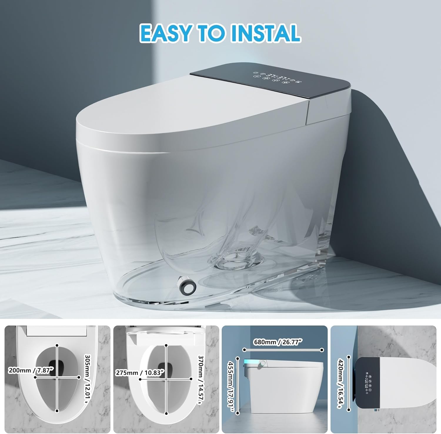 TDH Smart Tankless Toilet, Heated Seat with Warm Water Sprayer & Dryer, Walk Away Auto Flush and Close,One Piece Toilet for Bathrooms with Remote Control