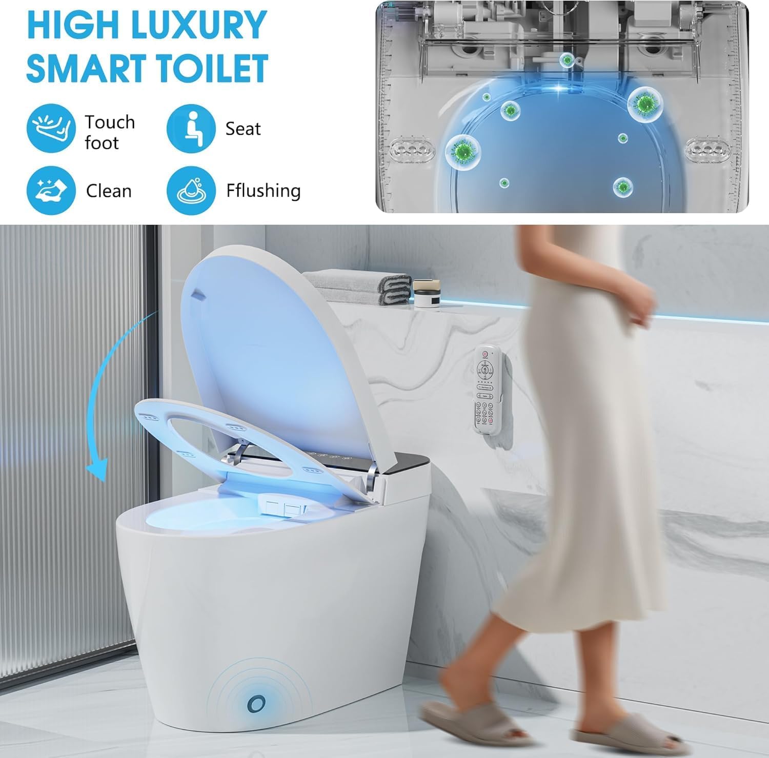 TDH Smart Tankless Toilet, Heated Seat with Warm Water Sprayer & Dryer, Walk Away Auto Flush and Close,One Piece Toilet for Bathrooms with Remote Control