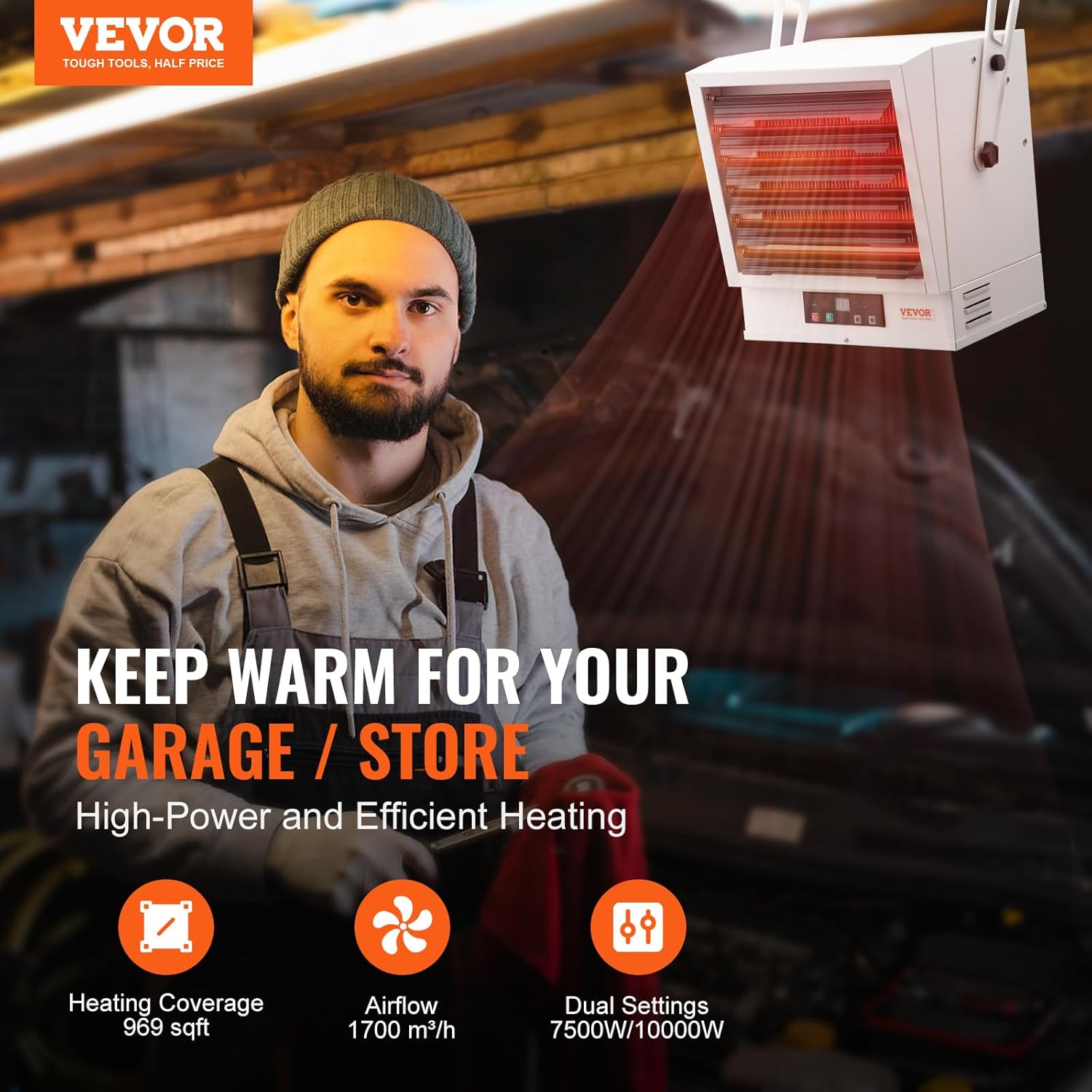 VEVOR Electric Garage Heater, 10000-Watt Digital Fan-Forced Wall/Ceiling Mount Shop Heater, with Remote Control