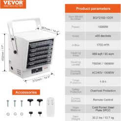 VEVOR Electric Garage Heater, 10000-Watt Digital Fan-Forced Wall/Ceiling Mount Shop Heater, with Remote Control
