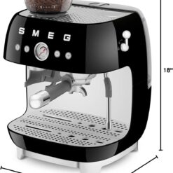 Smeg EGF03 Semi-Automatic Espresso Machine with Built-In Grinder, Dual Thermoblock, 50’s Retro Style – Black (120 V)