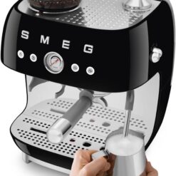 Smeg EGF03 Semi-Automatic Espresso Machine with Built-In Grinder, Dual Thermoblock, 50’s Retro Style – Black (120 V)