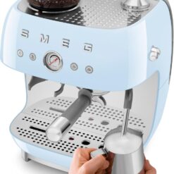 Smeg EGF03 Semi-Automatic Espresso Machine with Built-In Grinder, Dual Thermoblock, 50’s Retro Style – Pastel Blue (120 V)