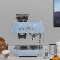 Smeg EGF03 Semi-Automatic Espresso Machine with Built-In Grinder, Dual Thermoblock, 50’s Retro Style – Pastel Blue (120 V)