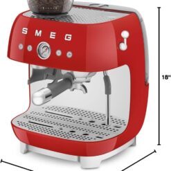 Smeg EGF03 Semi-Automatic Espresso Machine with Built-In Grinder, Dual Thermoblock, 50’s Retro Style – Red (120 V)