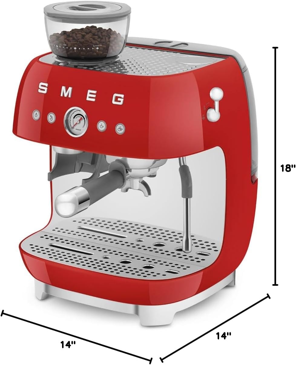Smeg EGF03 Semi-Automatic Espresso Machine with Built-In Grinder, Dual Thermoblock, 50’s Retro Style – Red (120 V)