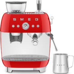 Smeg EGF03 Semi-Automatic Espresso Machine with Built-In Grinder, Dual Thermoblock, 50’s Retro Style – Red (120 V)