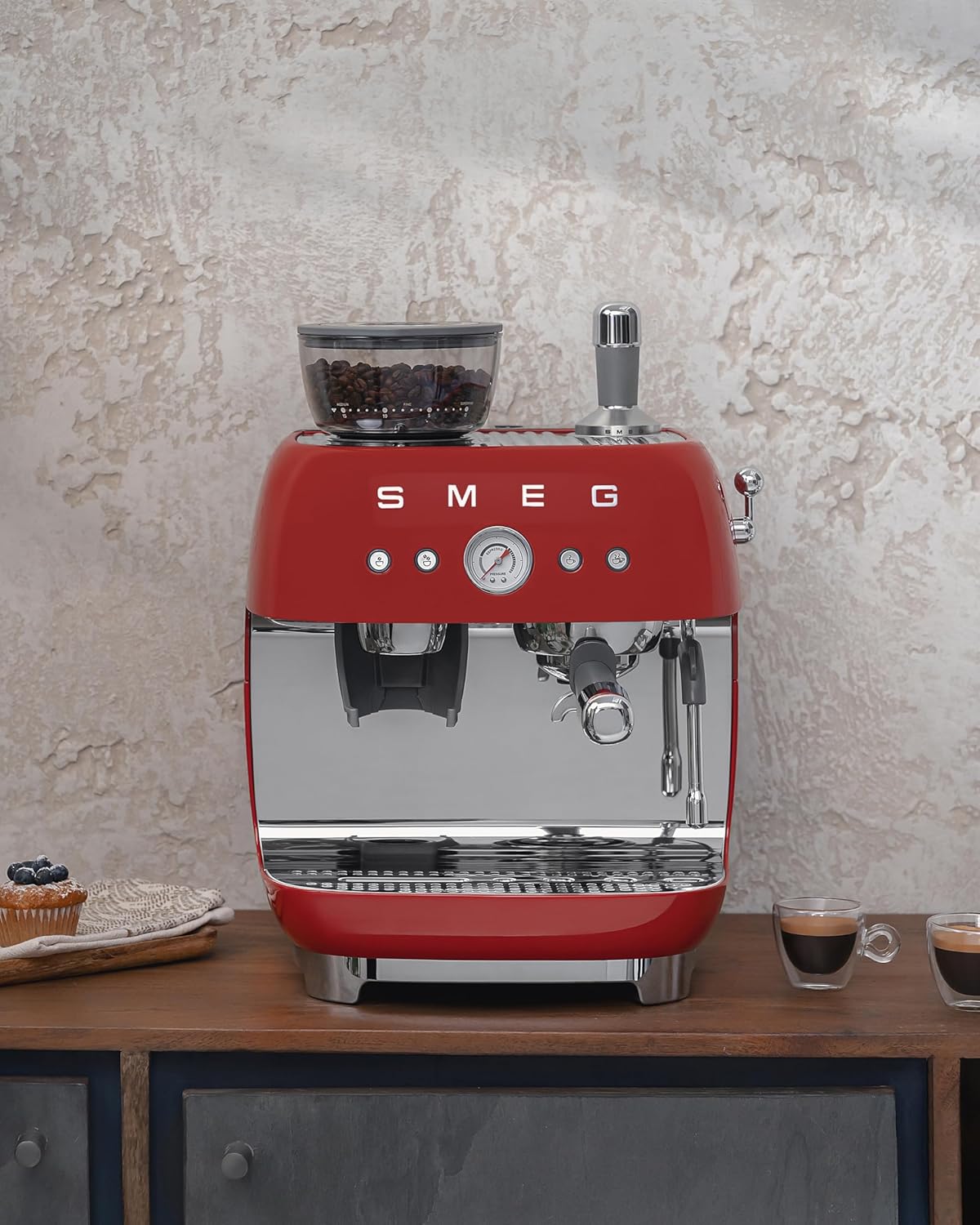 Smeg EGF03 Semi-Automatic Espresso Machine with Built-In Grinder, Dual Thermoblock, 50’s Retro Style – Red (120 V)